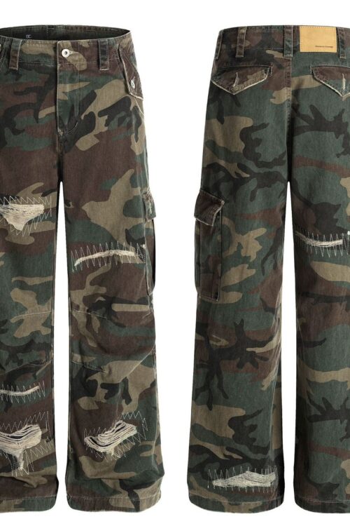 Distressed camouflage cargo pants
