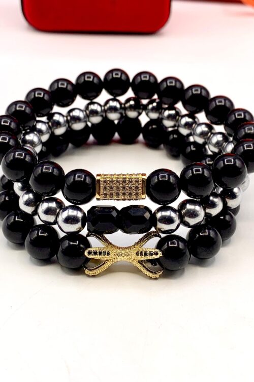 a black onyx and silver-tone beaded bracelet set